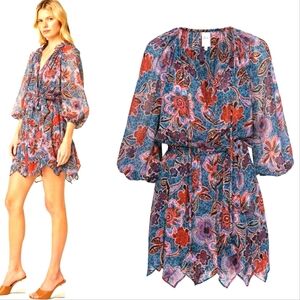 MISA LA Womens L Tara Mini Dress Cerulean Floral Chiffon Lightwght Fall Wedding